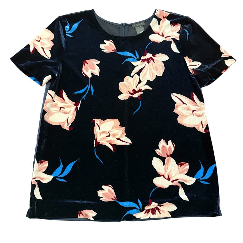 Ann Taylor navy/pink floral velour short sleeve blouse, satin back, Size S